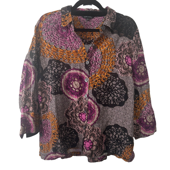 John Mark Tops - John Mark Artsy Tunic Top Shirt L Floral Boho Button Art to Wear Flowy Relax D22